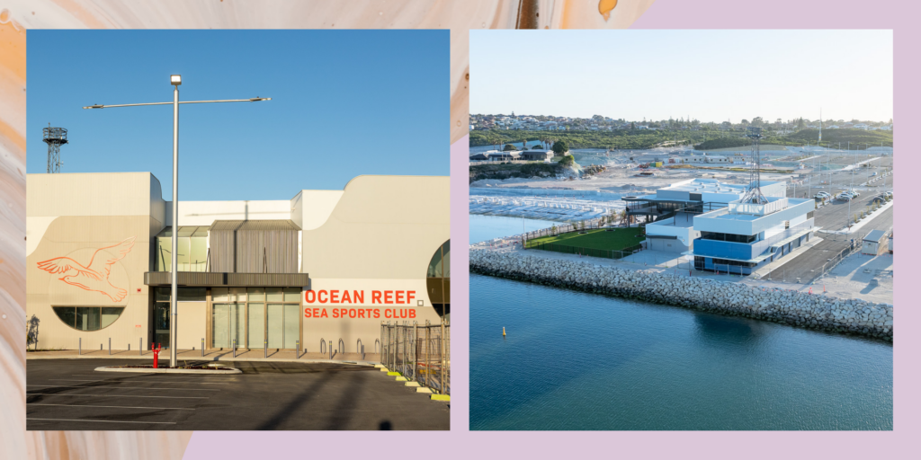 Ocean Reef Sea Sports Club (left) and aerial of the Ocean Reef Sea Sports Club (left) and Marine Rescue Whitfords facilities (right)