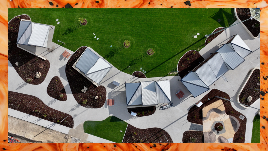 Birds-eye-view of the central parkland shelters at Ocean Reef Marina